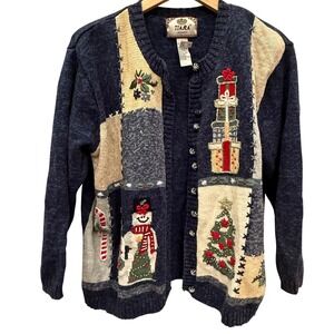 Tiara Women's Christmas Cardigan Sweater Snowman Tree Presents Patchwork Blue 1X